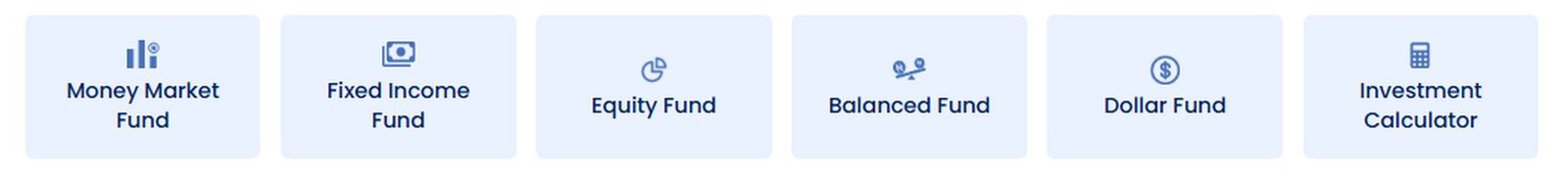Close crop of the six fund category cards.